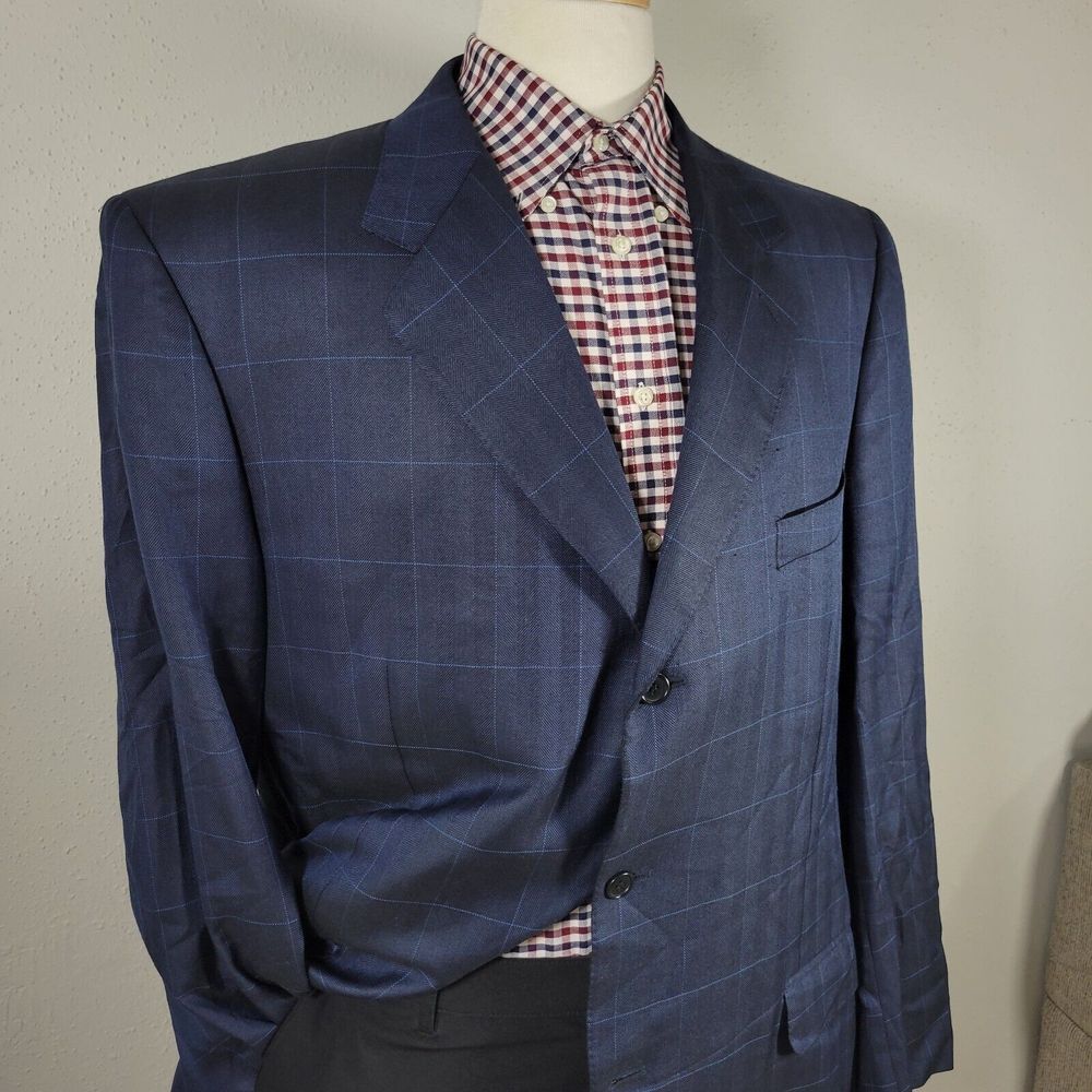 Canali‎ AL13320/00 Men's Sport Coat Blazer Two Button Navy Plaid Silk Wool 52XL - Picture 3 of 16